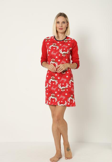 Camasa de noapte Craciun,imprimeu reni,culoare rosu ,En-gros